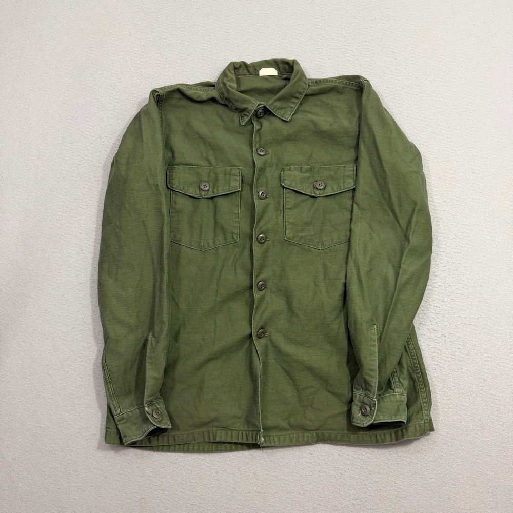 Vintage Military Shirt Men's 16.5x36 Green OG-107 Utility Fatigue Sateen Cotton